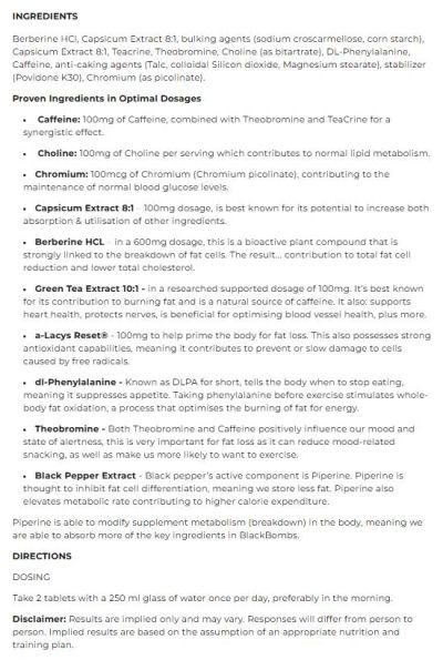 Dorian Yates Nutrition  BlackBombs / Thermogenic Fat Burner  [60 Таблетки, 30 Дози]