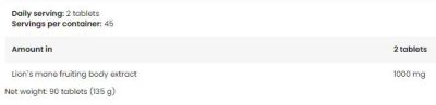 FA Nutrition  Lion's Mane Mushroom 1000  [90 Таблетки, 45 Дози]