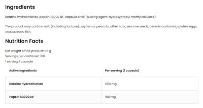 OstroVit  Betaine HCl + Pepsin  [100 капсули, 100 Дози]