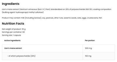 OstroVit  Lion's Mane 500 mg / Vege  [60 капсули, 60 Дози]