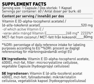 SWEDISH Supplements  Vitamin E 400 IU | with MCT Oil  [60 капсули, 60 Дози]